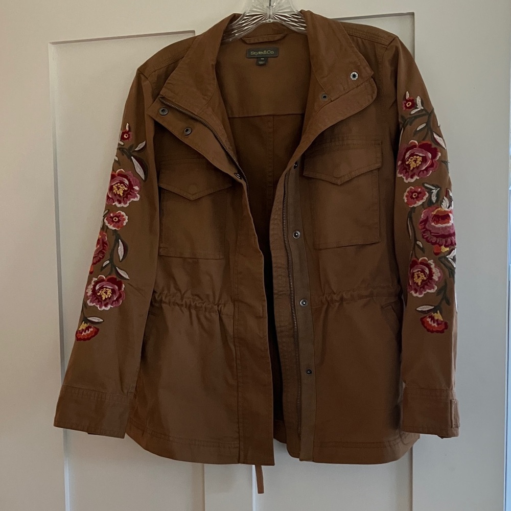 Tan Lightweight Jacket with Floral Embroidery (from Macy’s)